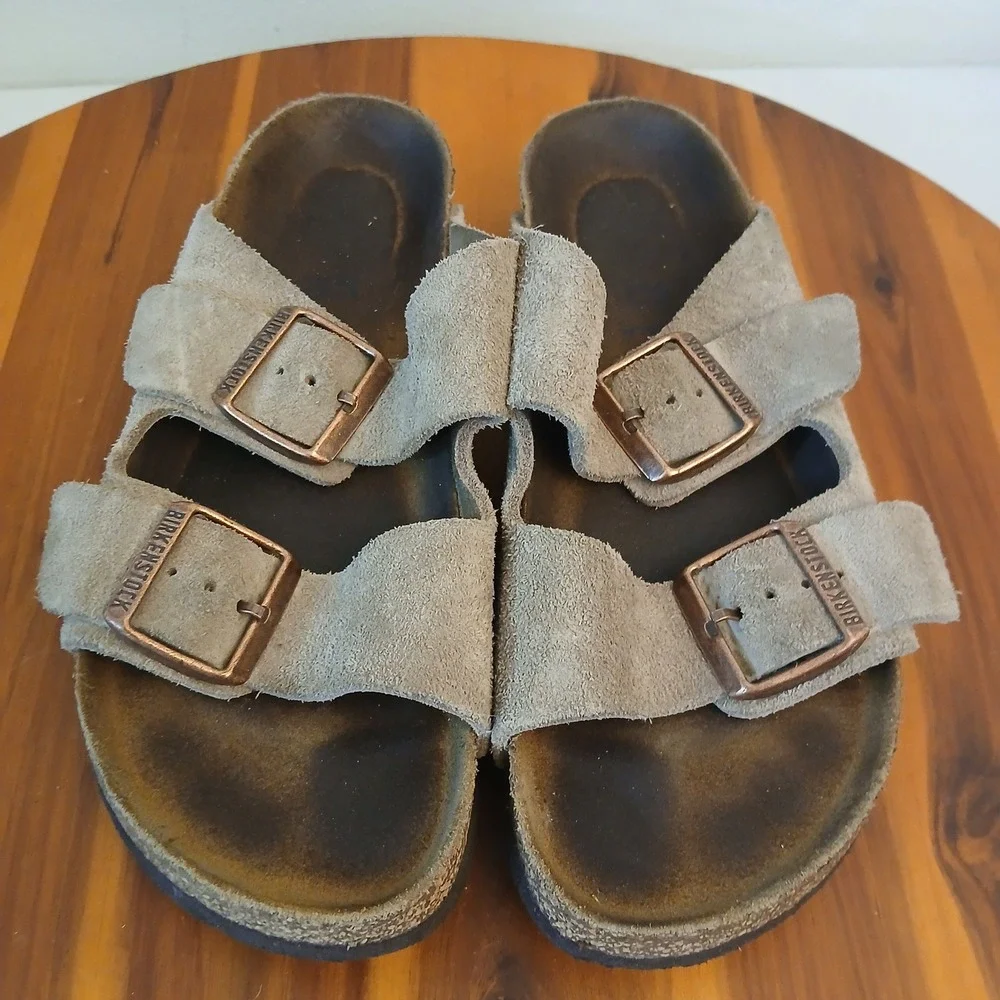 Birkenstock Arizona Mens 37 Taupe Suede Buckle Sandals Slides Cork Footbed